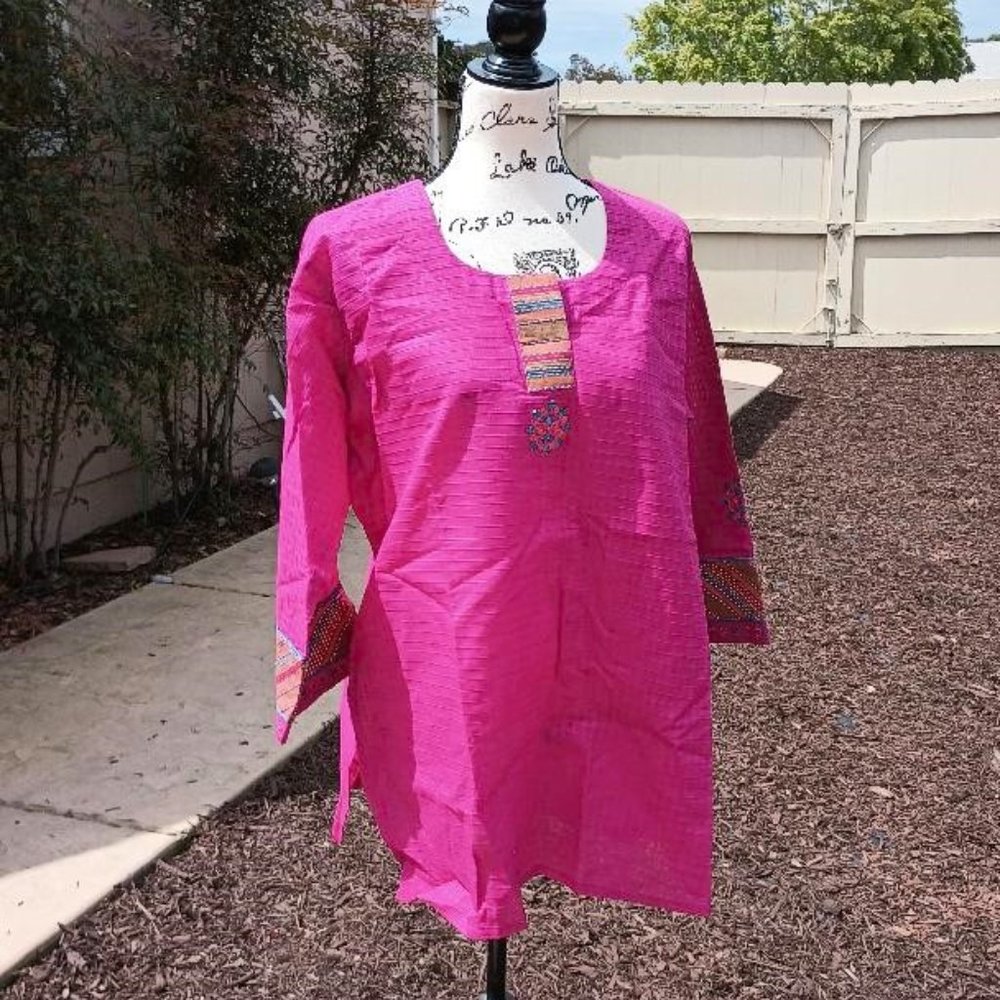Ribbed Squared Fabric Cotton Indian India Kurti Tunic Kurta 2X Plus Sequin